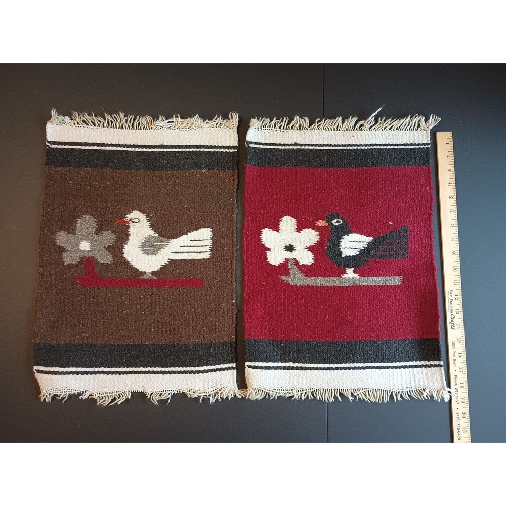 2 - Native Woven Wool Rug Place Mat Hanging with Bird 18" x 13" - Picture 4 of 10
